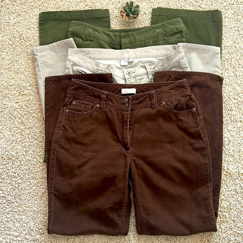 Lot of 3 CORDUROY PANTS: Gray, Olive & Brown. 2 Straight 1 Skinny. All size 8